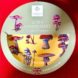 Bluebird & Willow 4ct Appetizer Luncheon Mushroom Plates Porcelain Boxset NIB